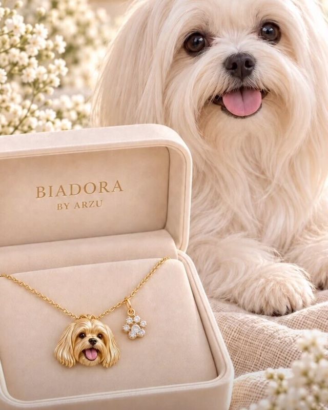 BIADORA by Arzu kutusunda, Maltese köpeği portreli kolye ucu ve taşlı pati figürü