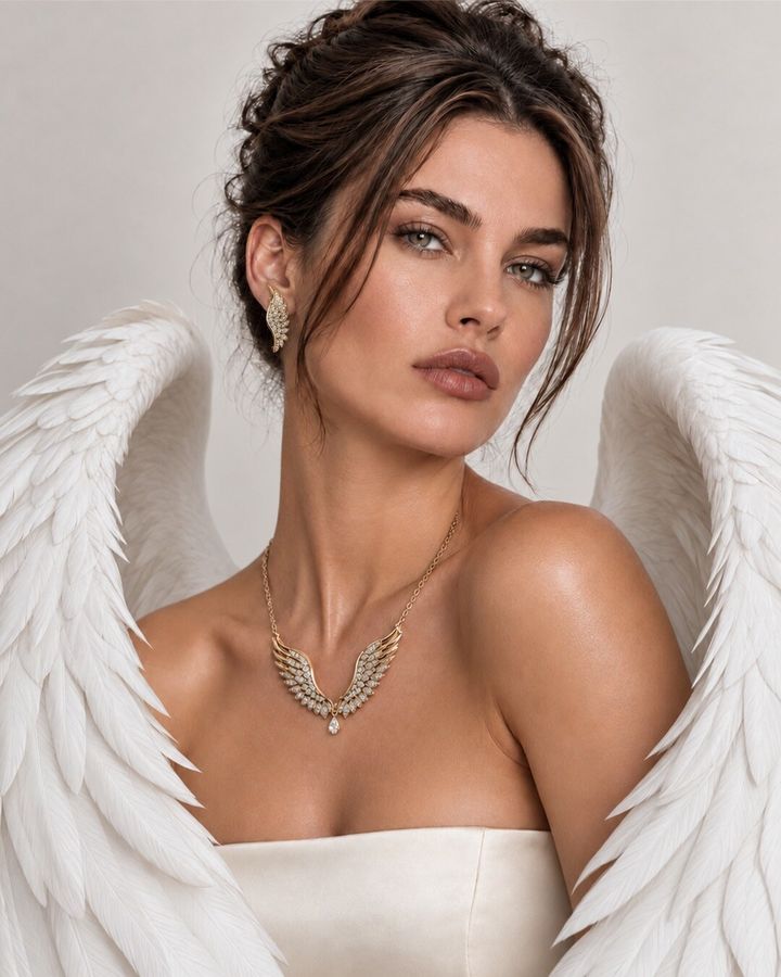 Beyaz kanatlarla poz veren bir model, boynunda kanat kolye